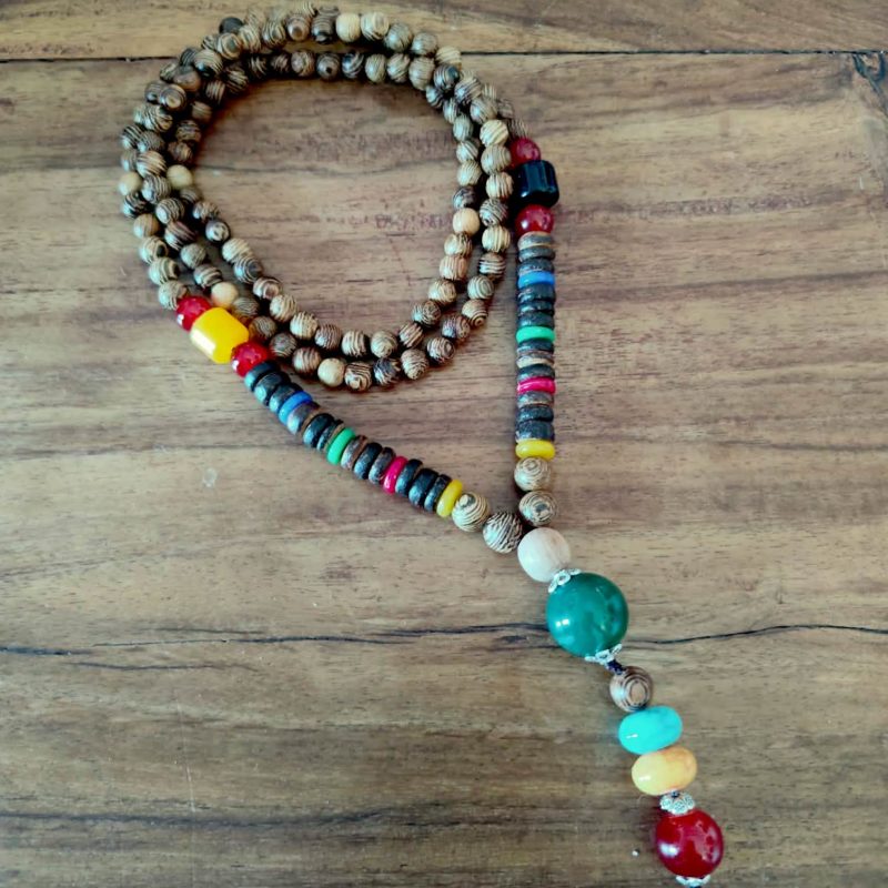 Handmade Carved Wood & Green Agate Necklace