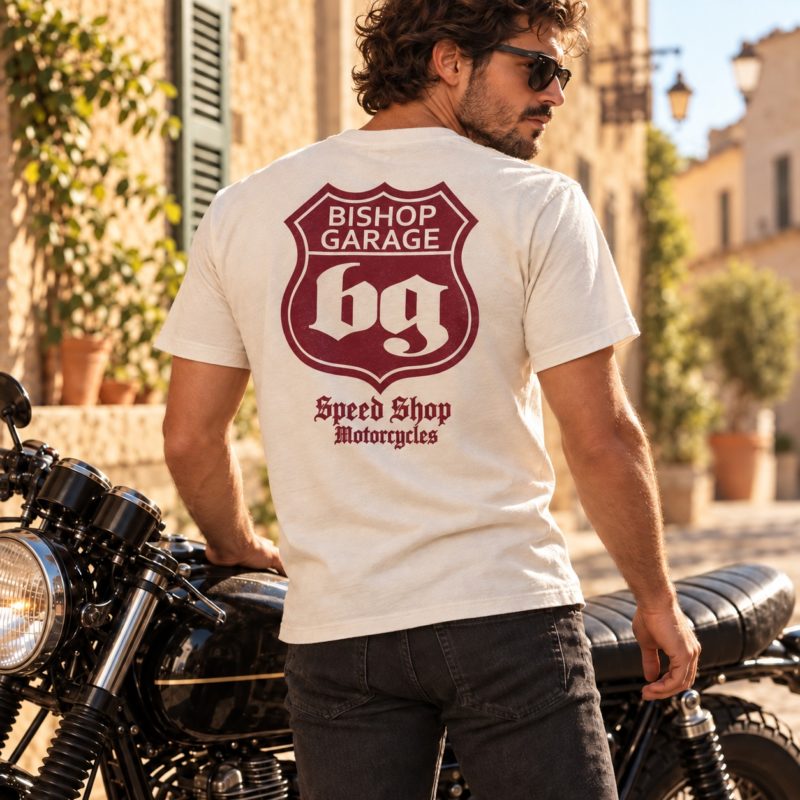 Bishop Garage Speed Shop Motorcycles white T-shirt lifestyle